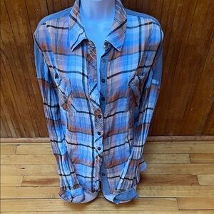 We The Free Plaid Button Down Flannel Shirt in Blue and Brown with Distressing